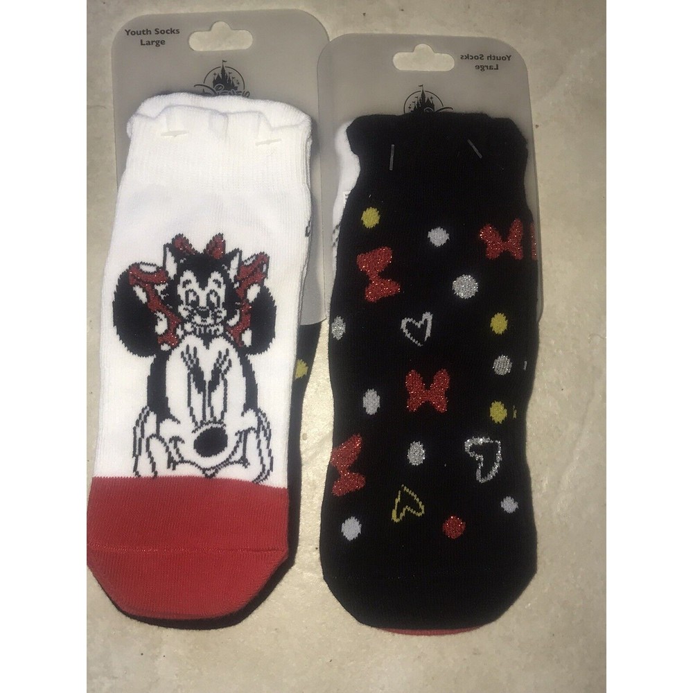 Disney Parks Minnie Mouse Ankle Socks 2 Pair Sz YOUTH Large NWT